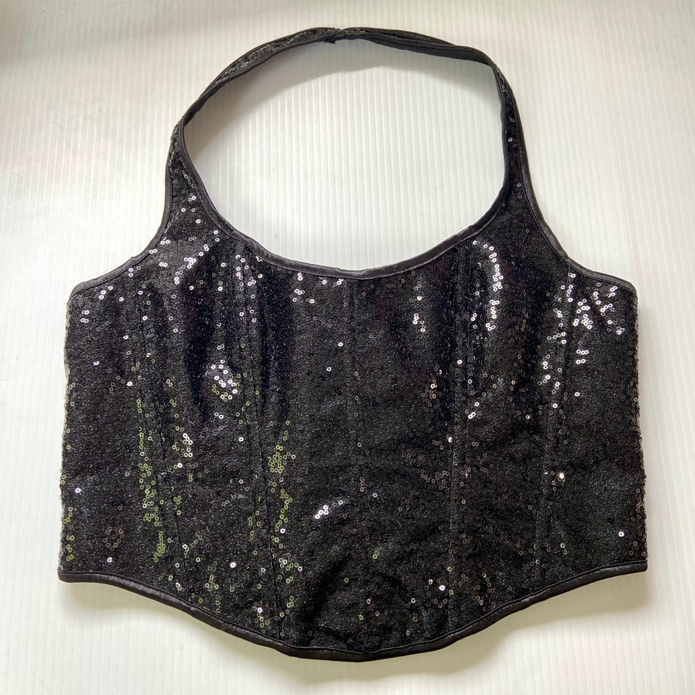 Black Sequin Halter Lace Up Corset Top‎ Womens XL